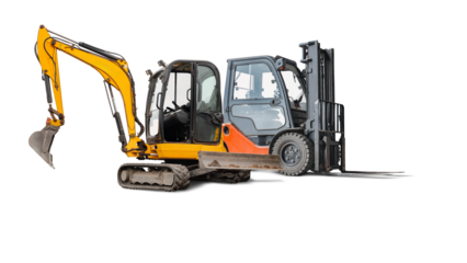 This scene showcases an excavator and a forklift combined in a unique design, ideal for construction tasks and heavy equipment operations, presented in an isolated view.