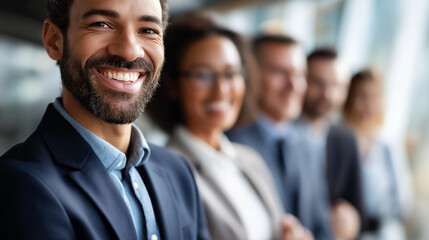 Fototapeta premium Business professionals posing in bright office torsos only smiles implied by posture windows defocused corporate portrait faceless group background defocused modern workspace
