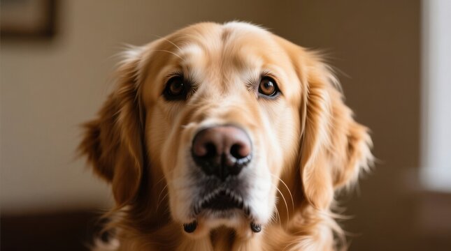  a golden retriever sitting on top of a wooden table, with a blurred background The dog is looking directly at the camera, giving the viewer a clear view of its fea