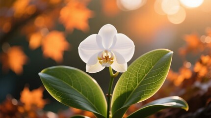 Fototapeta premium a white orchid flower with green leaves in the foreground, set against a blurred background