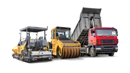 Three construction machines are shown together in isolation. The lineup includes an asphalt paver, a roller, and a dump truck. Road repair and construction. Construction equipment rental.