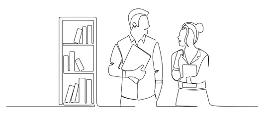 continuous line art of a male and female student hugging a book with a row of books beside them. concept of a library