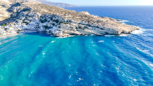 Matala Beach, Crete, Greece, aerial drone view