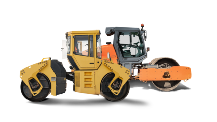 Two powerful road rollers designed for compacting surfaces on construction sites, demonstrating their robust design and functionality.