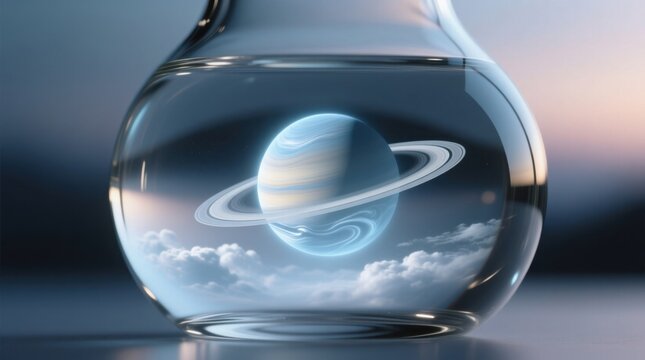  a glass vase filled with water, with Saturn inside, surrounded by clouds The background is slightly blurred, giving the image a dreamy, ethereal feel
