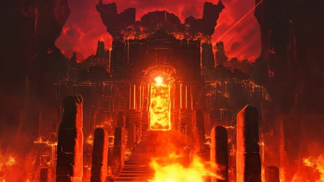 Fiery entrance to a ruined dark temple with staircase leading to a glowing portal and light rays for abstract Christian hell animation