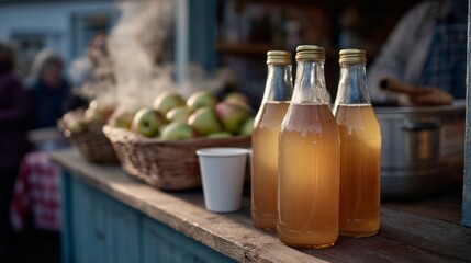 Bottles of golden cider gleam beside a steaming pot, reminiscent of Wassailing traditions and autumnal abundance festivals