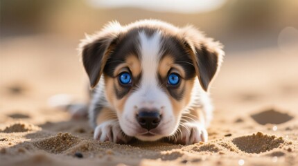Adorable puppy with striking blue eyes lying on sandy beach, capturing hearts and sparking joy