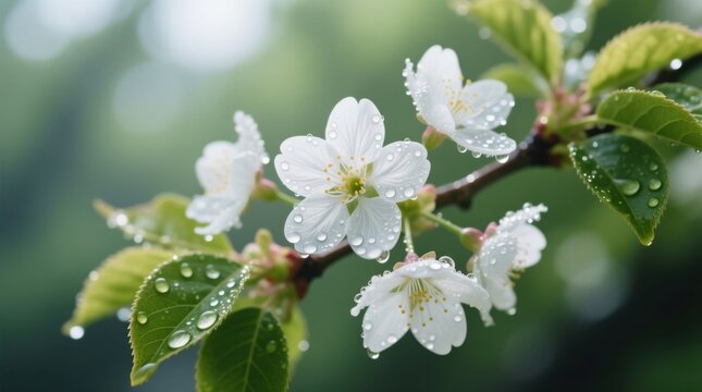 Fresh blooms and dewdrops on vibrant green leaves, symbolizing renewal and freshness