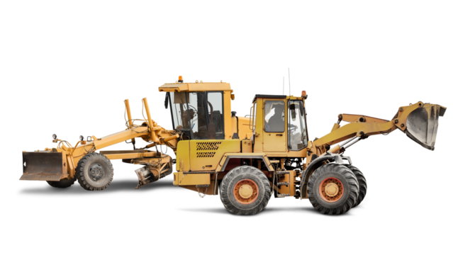 An excavator or loader and grader stand separately at a construction site, ready to begin road improvement work in a remote area. Construction equipment rental.