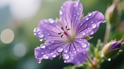 Fototapeta premium a vibrant purple geranium flower with water droplets glistening on its petals and buds, set against a blurred background
