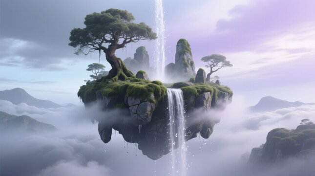  a small island in the middle of a foggy sky, with a waterfall cascading down from the top of the mountain The island is surrounded by lush green trees and rocks, a