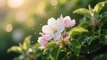  a tree branch with pink flowers and green leaves illuminated by the sun, with water droplets glistening on the petals The background is slightly blurred, giving th