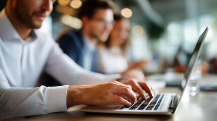 Fototapeta premium Businesspeople gathered around a laptop seated and standing hands on keyboard and trackpad faces out of frame office defocused project collaboration laptop work faceless bac