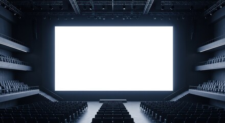 Empty auditorium with a large white screen and rows of seats.