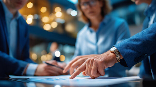 Leadership team discussing a case study hands pointing at printed brief faces kept out of frame glass partitions defocused case discussion problem solving faceless background