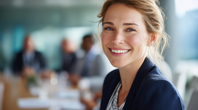Young female expert at boardroom smiling toward camera torso crop her team meeting behind in purposeful blur emerging leader faceless background defocused conference room