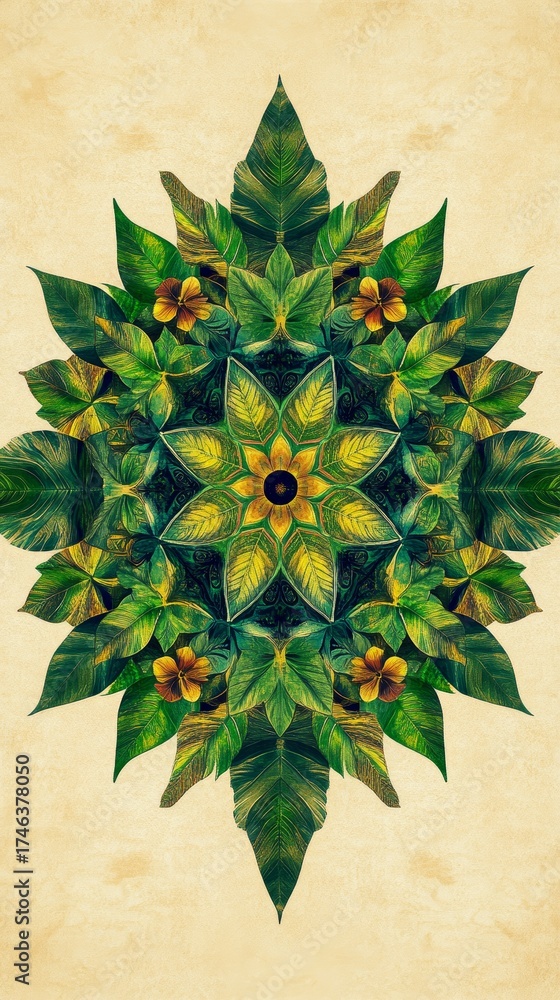 Canvas Prints leafy green flowery design with a yellow center. the design is made up of many different types of le