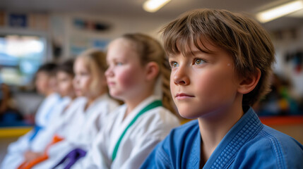 Fototapeta premium Taekwondo athletes lined up at martial arts school torsos framed belts visible expressions out dojo background defocused sports team martial arts faceless background