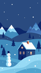 Winter scene with house snowman and mountain peaks