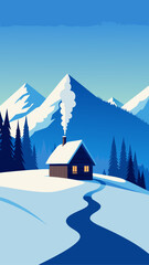 Cabin in snowy mountains with smoke from chimney