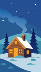 Cabin in the woods under a starry winter night sky