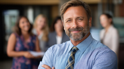 Fototapeta premium Executive posing in corporate lobby with leadership team blurred behind upper faces cropped depth softly defocused team pride faceless background defocused corporate identity
