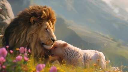 Majestic lion and gentle lamb lying together in a vibrant flower meadow in mountains representing peace, trust, and religious harmony footage.