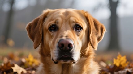 An emotional moment captured of a golden retriever amidst autumn leaves, evoking feelings of warmth and nostalgia
