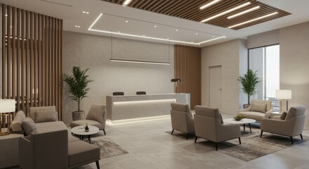 Fototapeta premium Interior view of a lobby with seating area reception desk and plants.