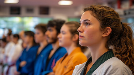 Fototapeta premium Taekwondo athletes lined up at martial arts school torsos framed belts visible expressions out dojo background defocused sports team martial arts faceless background