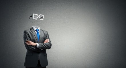 Headless figure in suit with glasses stands against gray background arms crossed.