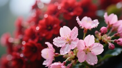 Fototapeta premium a close up of pink cherry blossoms with water droplets on them, surrounded by lush green leaves and stems The background is slightly blurred, giving the image a dr