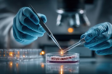 Realistic photo of a scientist analyzing bacteria culture in a petri dish under laboratory light with focus on sample and hands.