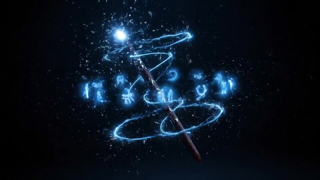 Magical staff glowing with ethereal blue energy and arcane symbols swirling around it.