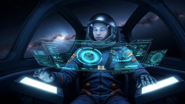 Astronaut piloting spaceship with holographic interface.