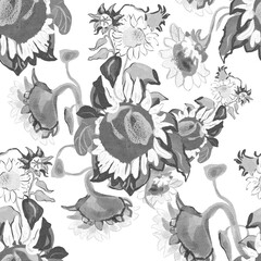 hand drawn flowers. Black and white seamless pattern. 