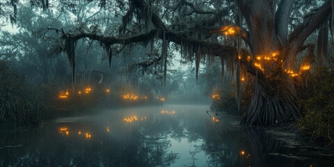Forest scene with a tree with glowing lights on it. Scene is eerie and mysterious