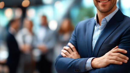 Happy CEO at corporate lobby with leadership team in soft blur behind torso only crop without faces depth of field pushing team to defocus executive presence CEO portrait
