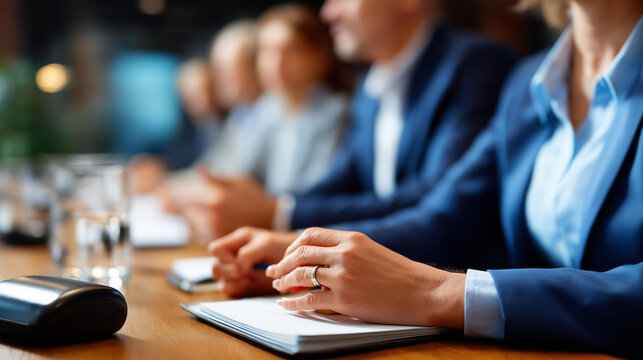 Leadership team in conference room around speakerphone hands on notebooks faces cropped backdrop defocused business meeting faceless background defocused decision making com