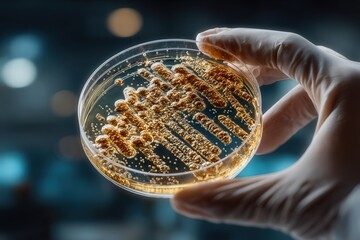 Realistic photo of a scientist analyzing bacteria culture in a petri dish under laboratory light with focus on sample and hands.