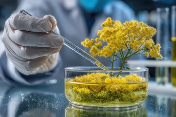 Realistic photo of a scientist analyzing bacteria culture in a petri dish under laboratory light with focus on sample and hands.