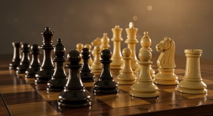 Chess pieces arranged on a chessboard ready for a game.