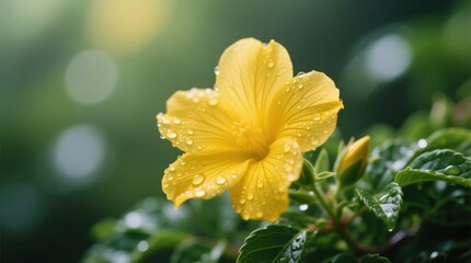 Fototapeta premium a bright yellow flower with water droplets glistening on its petals, surrounded by lush green leaves The background is slightly blurred, giving the flower a sense