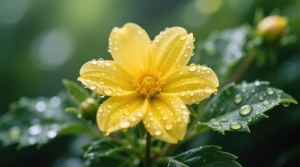 Fototapeta premium A vibrant yellow flower adorned with dewdrops, surrounded by lush green foliage, symbolizes freshness and renewal in nature