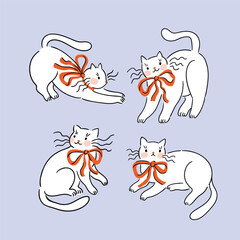 vector cat collection. Cute white cats with red bows. Vector kitten illustation isolated on light violate background. Preppy animal print design for kids t-shirt. 