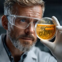 Realistic photo of a scientist analyzing bacteria culture in a petri dish under laboratory light with focus on sample and hands.
