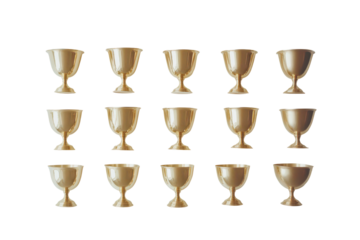 Collection of antique golden chalices isolated on transparent background. Gold trophy cups arranged on a simple white background.