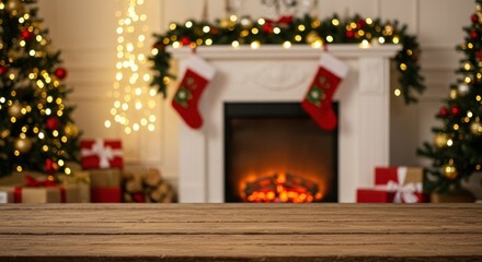 Christmas decorations with fireplace stockings gifts and christmas trees with lights.