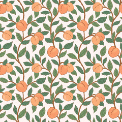 Fruit vintage seamless pattern for retro wallpapers. Apricot design for wrapping paper, wallpaper, fabrics. Arts and Crafts movement inspired.